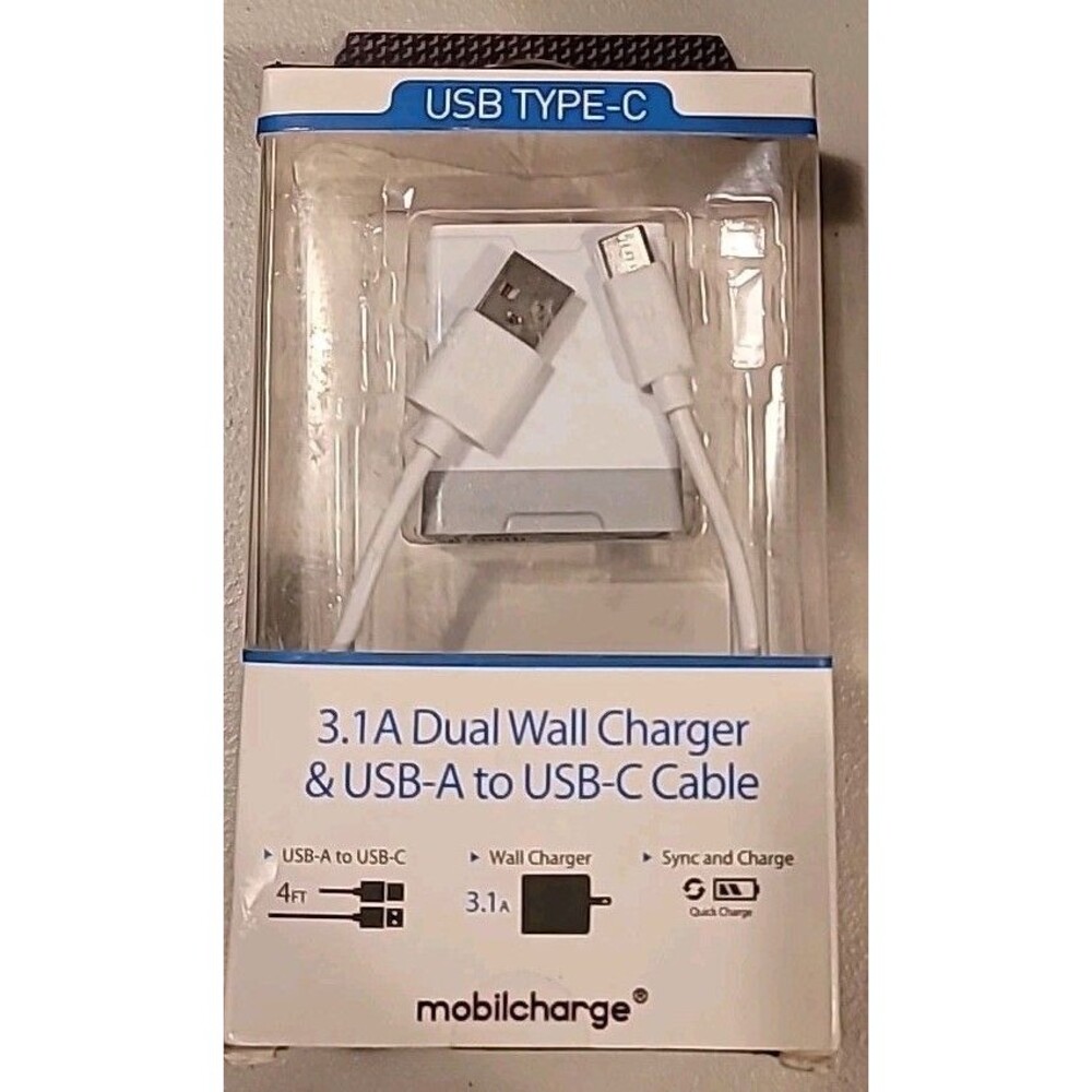 Mobilcharge Wall Charger Dual USB  Type-C To USB 3.1A Data Sync 4' Cable